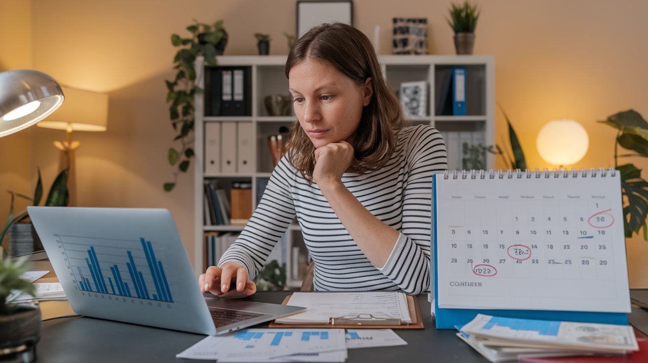 Create a realistic image of a white female in her 30s sitting at a desk, focused on a laptop screen displaying financial graphs and charts. A calendar with circled due dates and a stack of bills are visible nearby. The background shows a home office setting with warm lighting, creating a sense of concentration and decision-making.