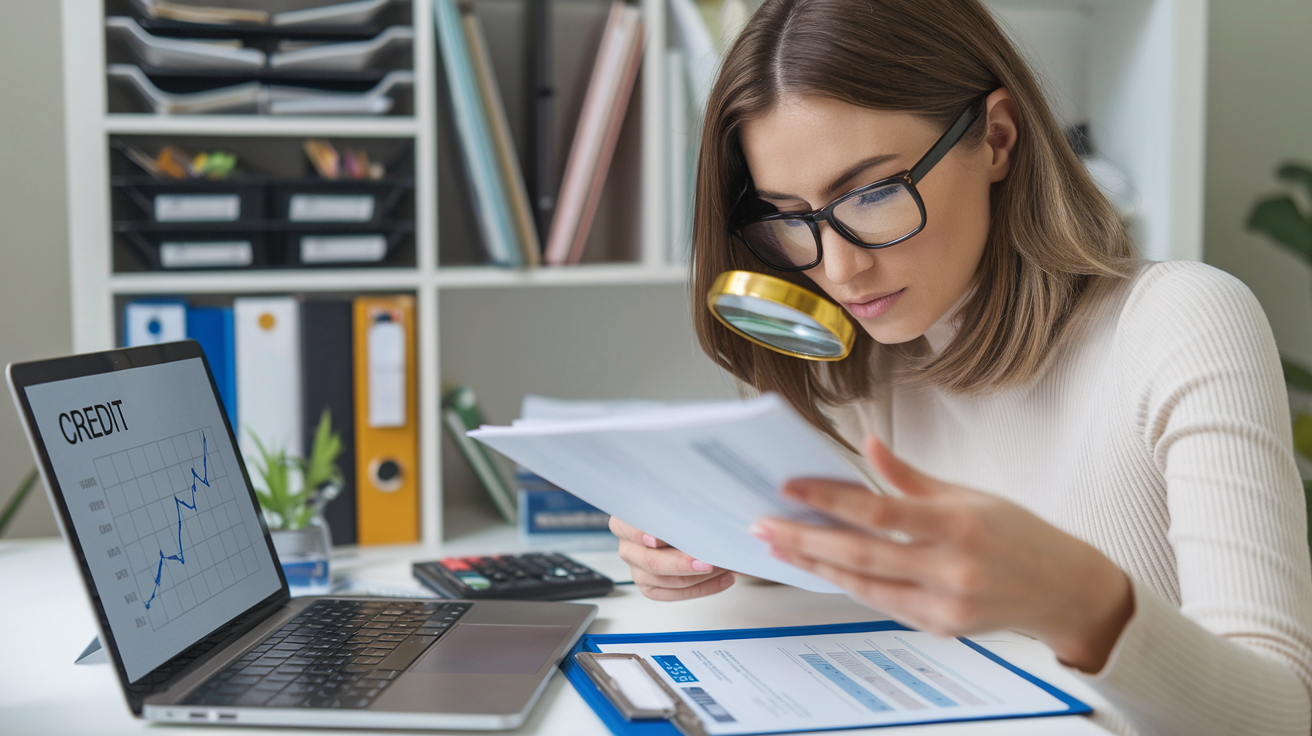 Create a realistic image of a white female in her 30s sitting at a desk, examining a credit report with a magnifying glass. A laptop displays a credit score graph trending upward. In the background, neatly organized bills and a calculator are visible. The scene is well-lit, conveying a sense of financial responsibility and attention to detail.