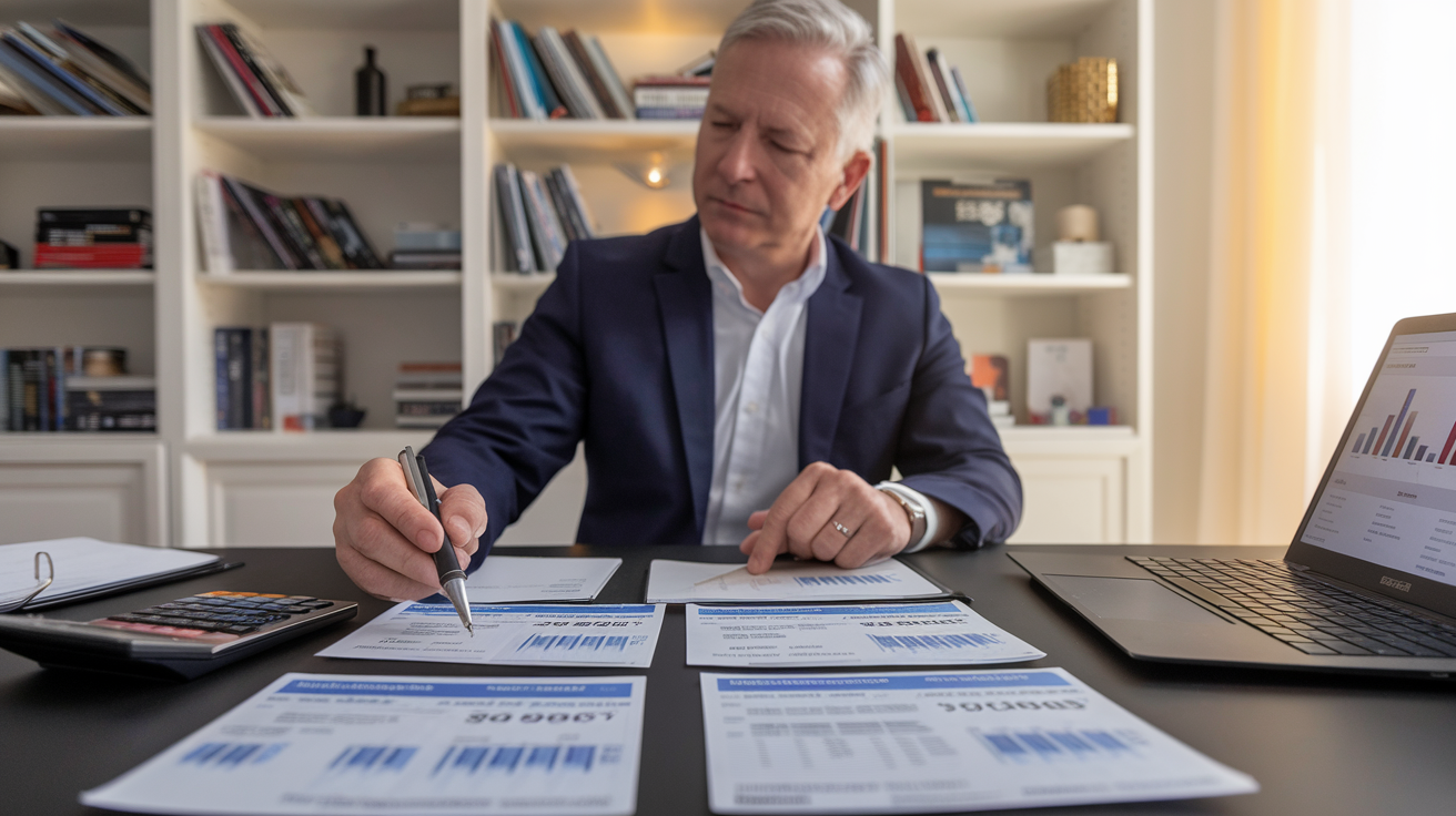 Create a realistic image of a middle-aged white male in business attire sitting at a desk with multiple credit card statements, a calculator, and a laptop displaying financial graphs. The man is holding a pen and circling specific areas on the statements, suggesting a focused approach to debt management. The background should be a home office with bookshelves containing finance-related books. Soft, warm lighting creates a calm atmosphere, emphasizing the strategic and thoughtful nature of smart debt management.