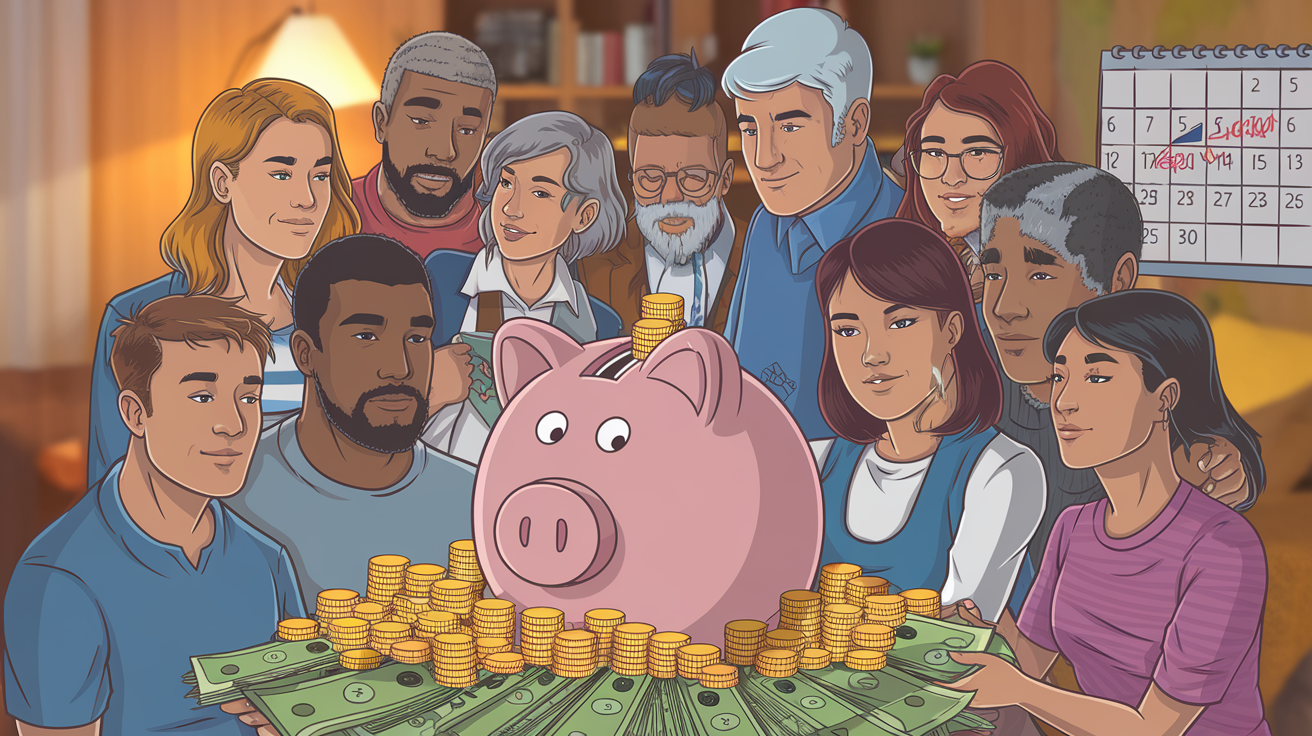 Create a realistic image of a diverse group of people (including white, black, and Asian individuals of various genders) gathered around a large piggy bank or savings jar filled with coins and bills, symbolizing an emergency fund. The background should be a cozy living room with warm lighting, creating a sense of financial security and preparedness. Include a calendar on the wall with some bills marked as "paid" to tie into the blog post title.