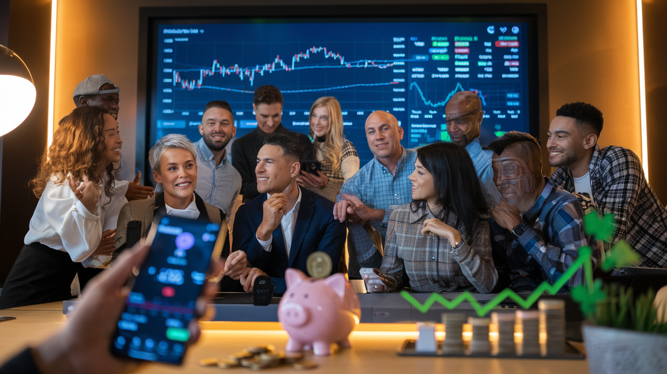 Create a realistic image of a diverse group of people (including white, black, and Asian males and females) gathered around a large screen displaying various investment charts and graphs. The scene is set in a modern office with warm lighting. In the foreground, a hand holds a smartphone showing a stock trading app. A piggy bank with coins and a small plant symbolizing growth are visible on a nearby desk.