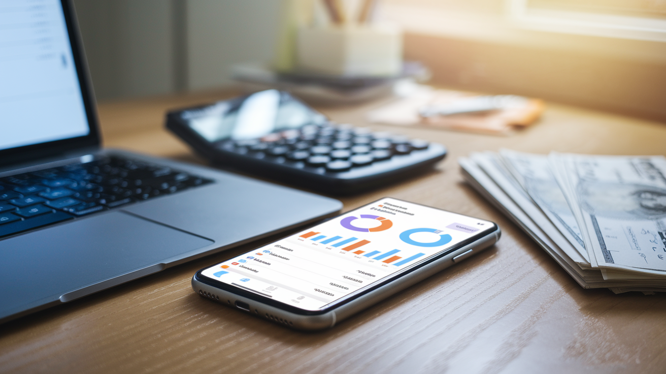 Create a realistic image of a smartphone displaying a financial management app with colorful graphs and charts, resting on a wooden desk next to a laptop, calculator, and a stack of bills, with a blurred background of a home office setting, soft natural lighting coming from a nearby window, conveying a sense of organization and tech-savvy financial planning.
