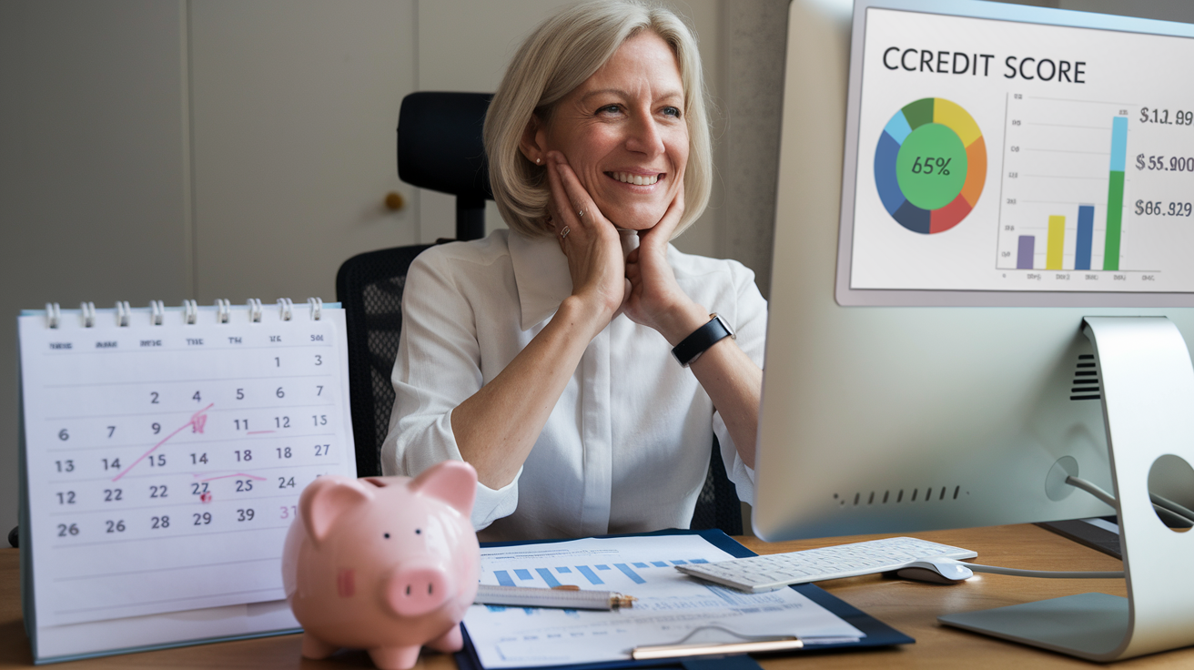 Create a realistic image of a smiling middle-aged white woman sitting at a desk, looking at a computer screen displaying financial charts and a credit score. A calendar on the desk shows all bills marked as paid, while a piggy bank and investment portfolio documents are prominently placed nearby, symbolizing financial growth beyond just paying bills on time.