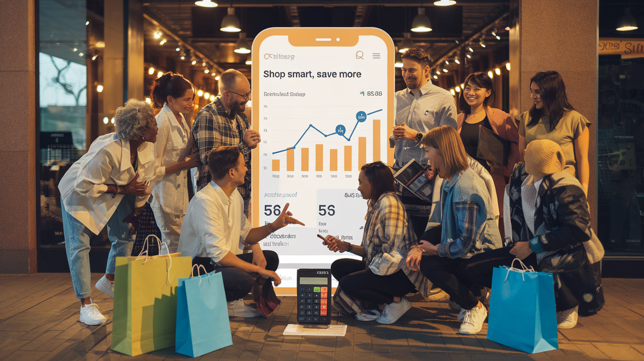 Create a realistic image of a diverse group of people (including white, black, and Asian individuals of various genders) gathered around a large smartphone or tablet displaying financial graphs and charts, with shopping bags and a calculator in the foreground, and a background showing a mix of online and physical stores, all illuminated by warm, inviting lighting, with the text "Shop Smart, Save More" prominently displayed.
