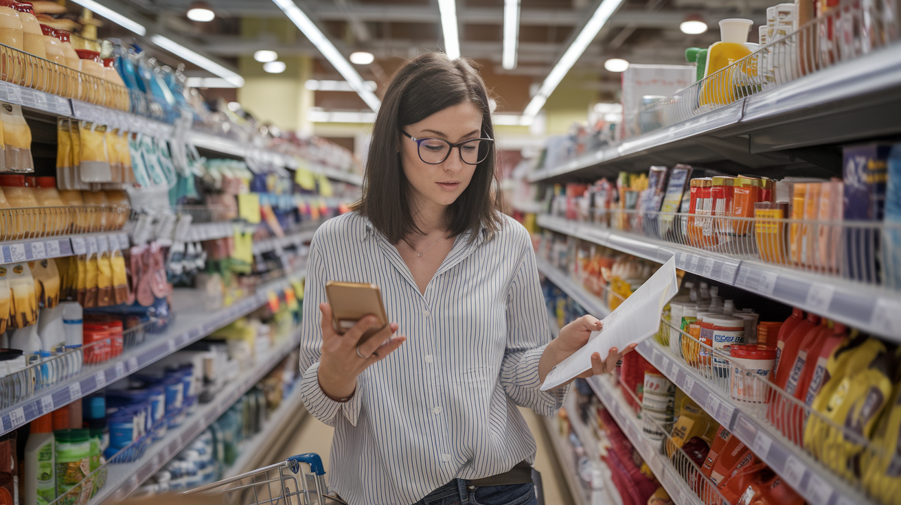 Create a realistic image of a white female shopper in her 30s studying price tags and comparing products in a grocery store aisle, with a smartphone in one hand displaying a budget app, and a shopping list in the other, surrounded by shelves stocked with various household items, with soft store lighting illuminating the scene, conveying a sense of thoughtful decision-making and financial awareness.