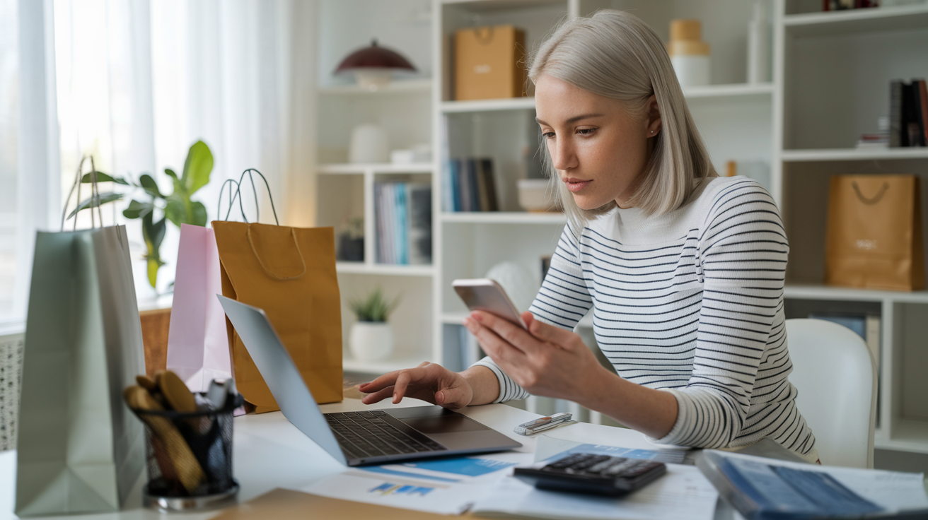 Create a realistic image of a white female shopper in her 30s sitting at a desk, using a laptop and smartphone to compare product prices and reviews, with shopping bags and a calculator nearby, in a well-lit home office setting, conveying a focused and analytical mood.