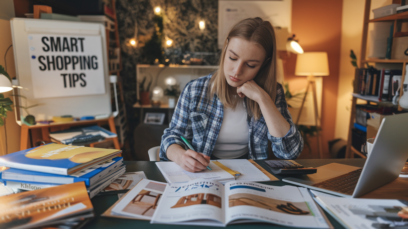 Create a realistic image of a young white female student sitting at a desk, surrounded by shopping catalogs, a laptop, and a calculator. She's comparing prices, taking notes, and has a thoughtful expression. The background shows a cozy home office with warm lighting. A whiteboard nearby displays a "Smart Shopping Tips" list.