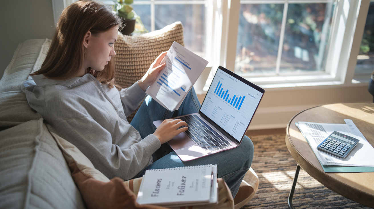 Create a realistic image of a young white female using a laptop on a cozy couch, surrounded by financial documents and a smartphone displaying a budget app. The screen shows graphs and charts of financial data. Natural light streams through a nearby window, illuminating a coffee table with a notebook labeled "Financial Goals" and a calculator.