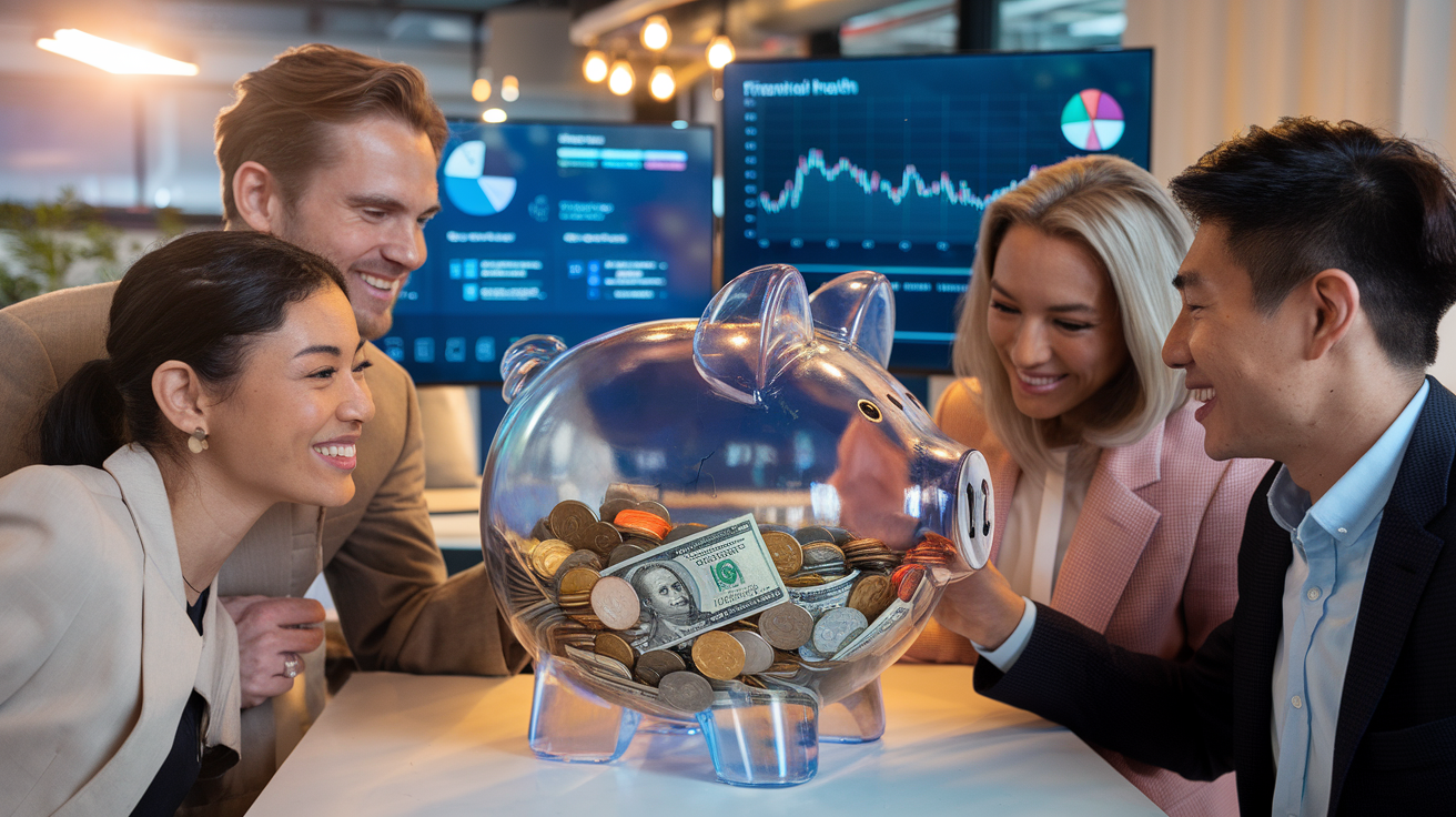 Create a realistic image of a diverse group of people (white male, black female, Asian male) gathered around a large, transparent piggy bank filled with coins and bills, symbolizing financial health. The background shows a modern office setting with financial charts and graphs on screens. Soft, warm lighting creates a positive atmosphere. Include the text "Financial Health" in a clean, professional font at the top of the image.