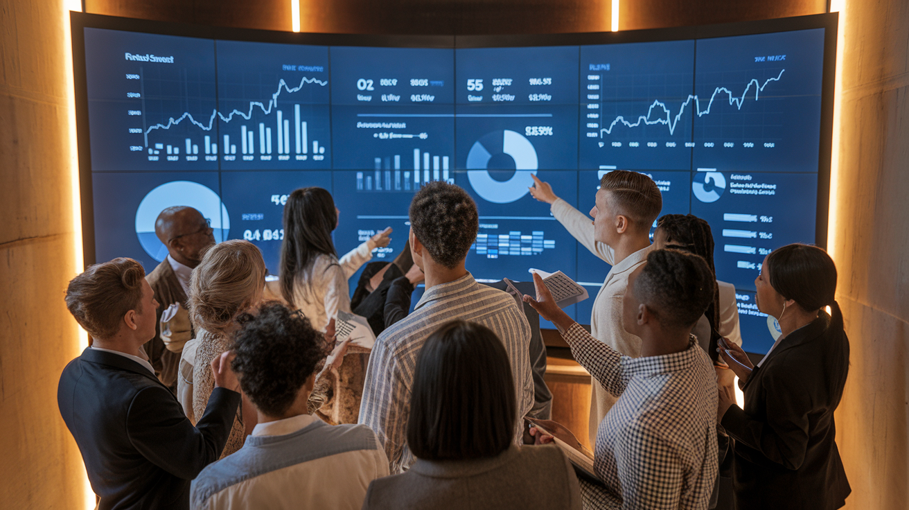 Create a realistic image of a diverse group of people (including white, black, and Asian males and females) gathered around a large digital screen displaying various financial charts, graphs, and indicators. The background shows a modern office setting with warm lighting. Some people are pointing at the screen, while others are taking notes, symbolizing active learning and engagement in understanding financial health.