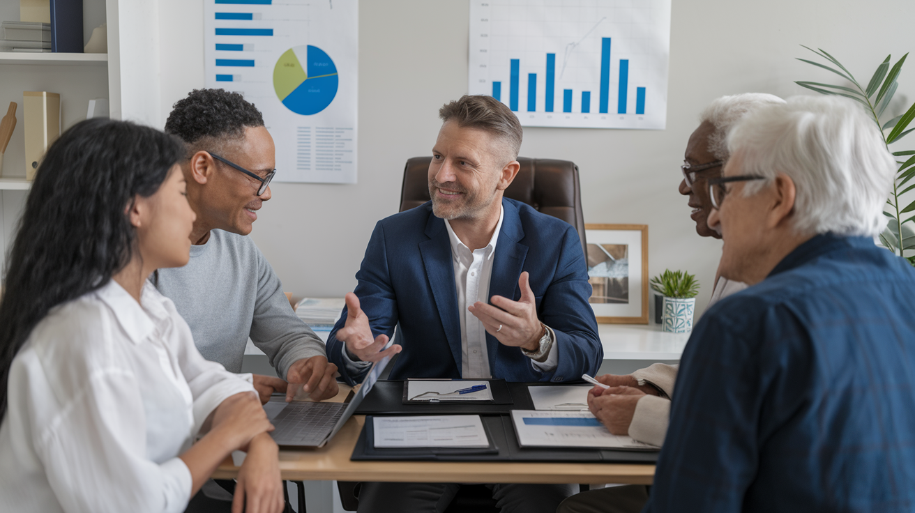Create a realistic image of a professional financial advisor, middle-aged white male, sitting at a desk with a laptop and financial documents, explaining objective financial strategies to a diverse group of clients (young Asian female, middle-aged Black male, elderly white couple) seated across from him, in a modern, well-lit office with charts and graphs on the wall behind them, conveying a sense of trust and expertise.