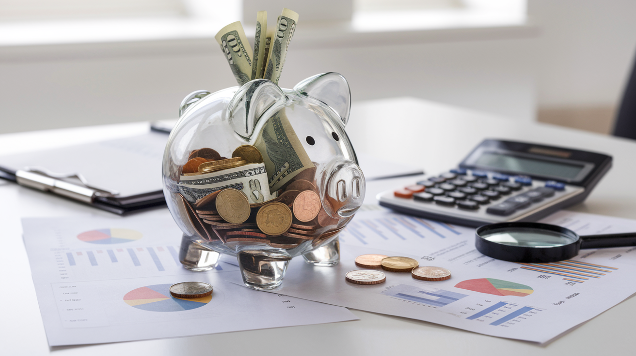 Create a realistic image of a transparent glass piggy bank filled with dollar bills and coins, sitting on top of financial documents and charts showing revenue streams, with a calculator and magnifying glass nearby, all on a clean white desk in a well-lit office setting.