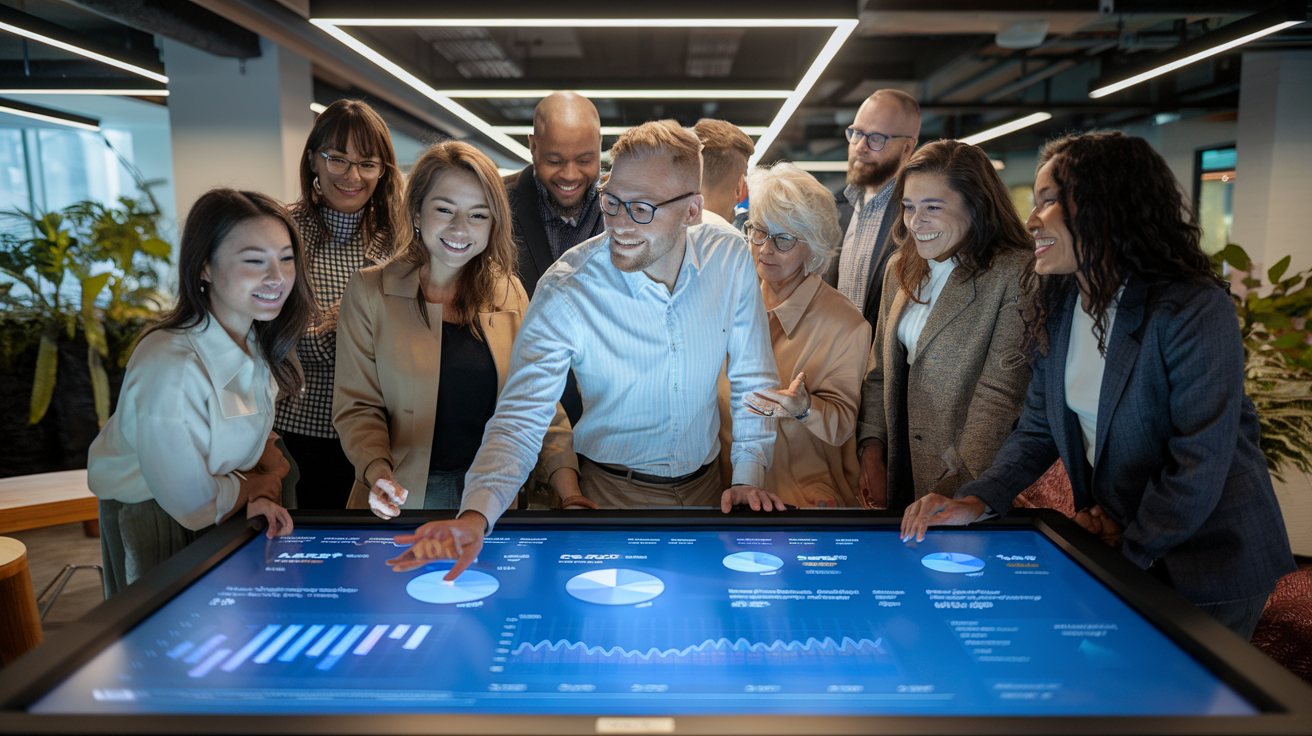 Create a realistic image of a diverse group of people (including white male, black female, and Asian female) gathered around a large touchscreen display showing financial graphs and charts, with confident body language and engaged expressions, in a modern office setting with soft, warm lighting, symbolizing collaboration and empowerment in financial decision-making.