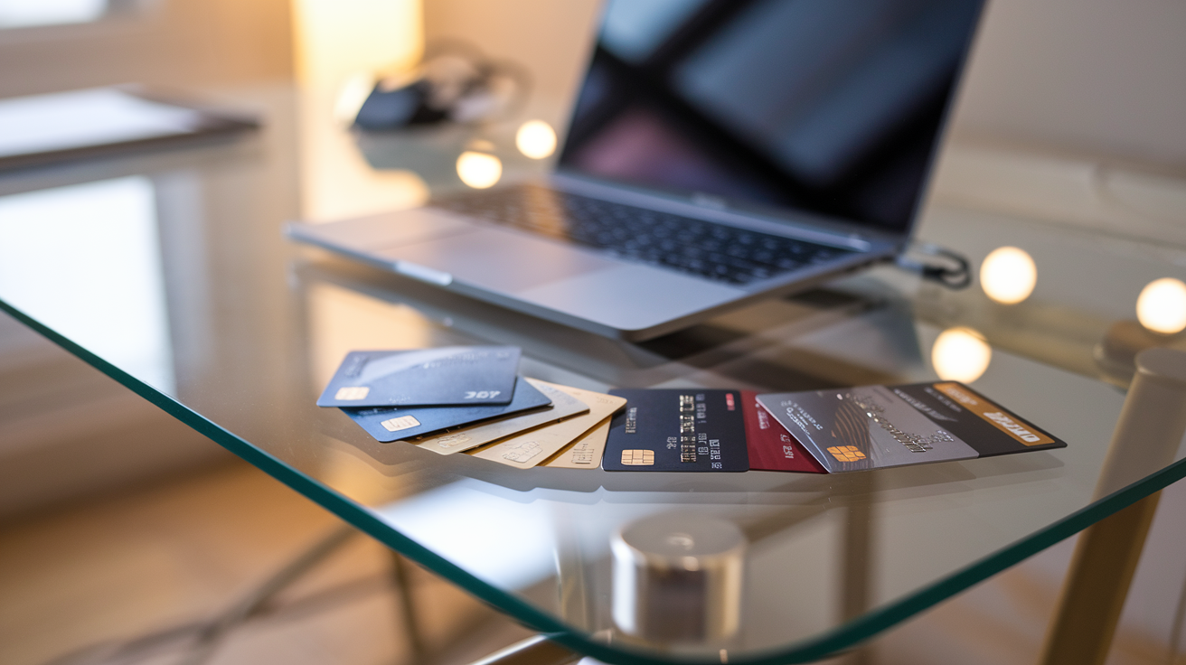 Create a realistic image of various premium credit cards arranged in a fan pattern on a sleek glass desk, with a laptop showing a comparison chart in the background, soft ambient lighting highlighting the gold and platinum card details, and "Finding Your Perfect Credit Card" appearing as subtle text overlay at the bottom.