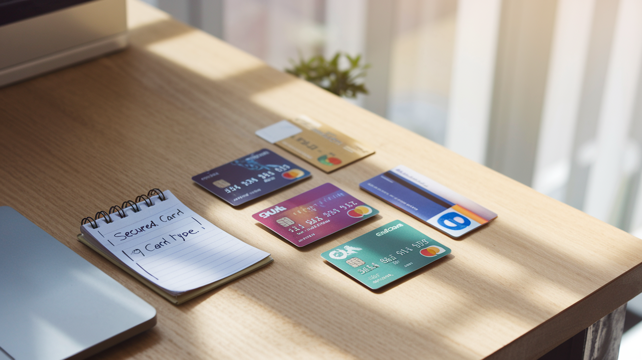 Create a realistic image of various credit cards displayed on a wooden desk, showing different types such as rewards, travel, cashback, and secured cards, with distinct designs and logos, accompanied by a small notepad with handwritten labels identifying each card type, all arranged in a well-lit indoor setting with soft natural light coming from a nearby window.
