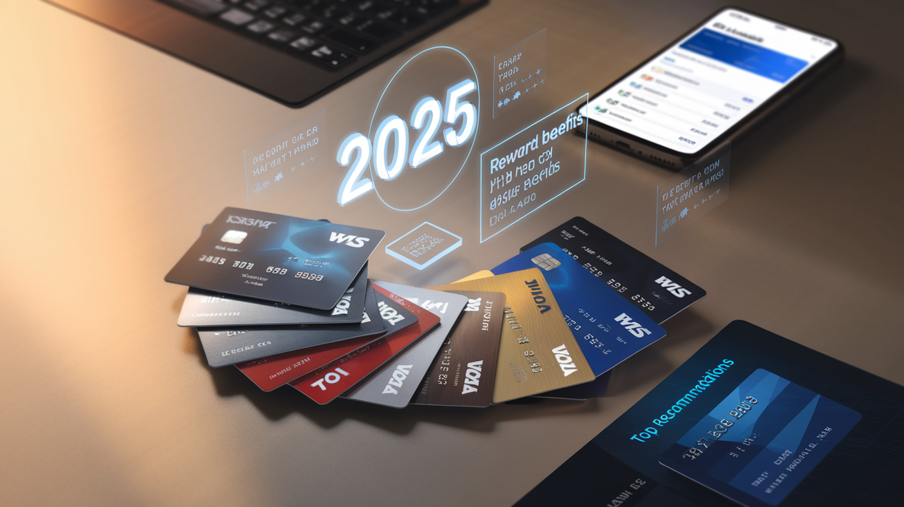 Create a realistic image of a collection of premium credit cards arranged in a fan pattern on a sleek desk surface, with digital holographic projections showing "2025" and various reward benefits floating above them, a smartphone displaying a banking app with credit card ratings in the background, soft professional lighting highlighting the metallic finish of the cards, and a small "Top Recommendations" text element visible on a digital screen in the corner.