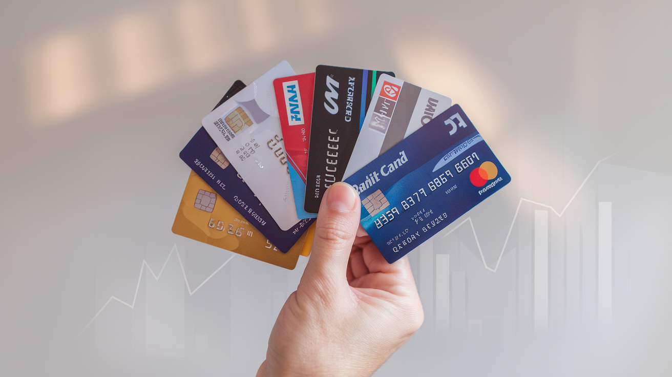 Create a realistic image of a person's hand holding several different credit cards spread out like a fan, showing various card features such as rewards symbols, security chips, and different bank logos against a clean, light background with subtle financial graphs in soft focus, emphasizing comparison and decision-making.