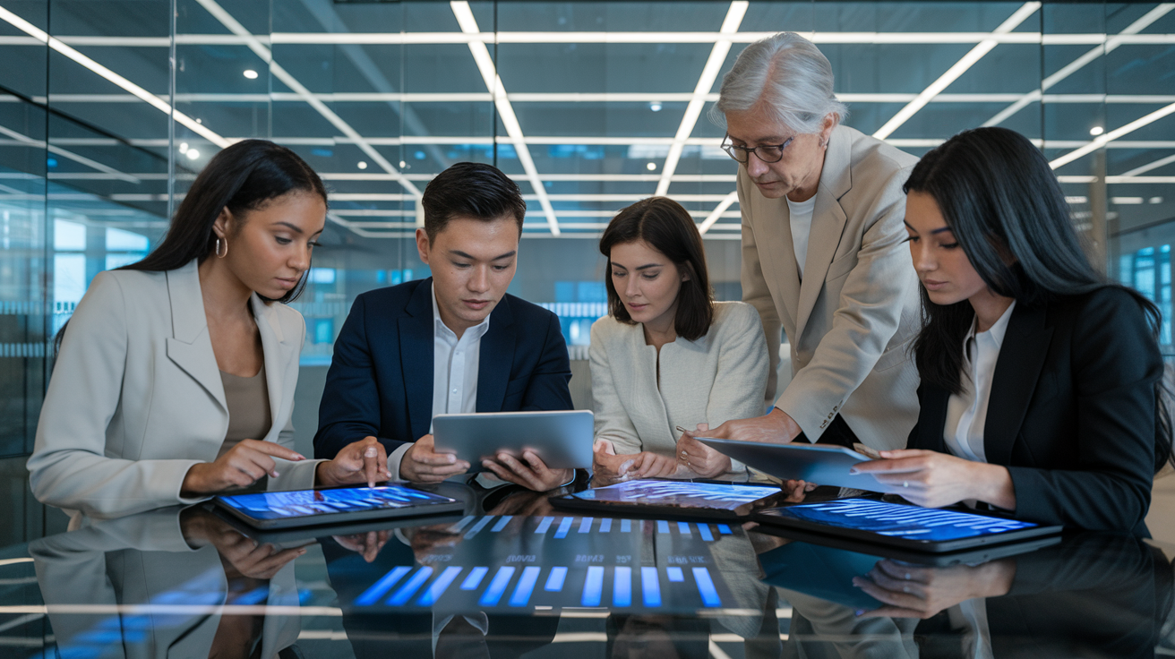 Create a realistic image of a diverse group of professionals (a Black female, an Asian male, and a White female) gathered around a modern glass table analyzing financial documents and digital charts on tablets, with a backdrop of a sleek, well-lit office space featuring transparent glass walls, conveying a sense of transparency and trust in financial guidance, with the text "Banking Review: Transparent Financial Guidance" subtly appearing in the corner.