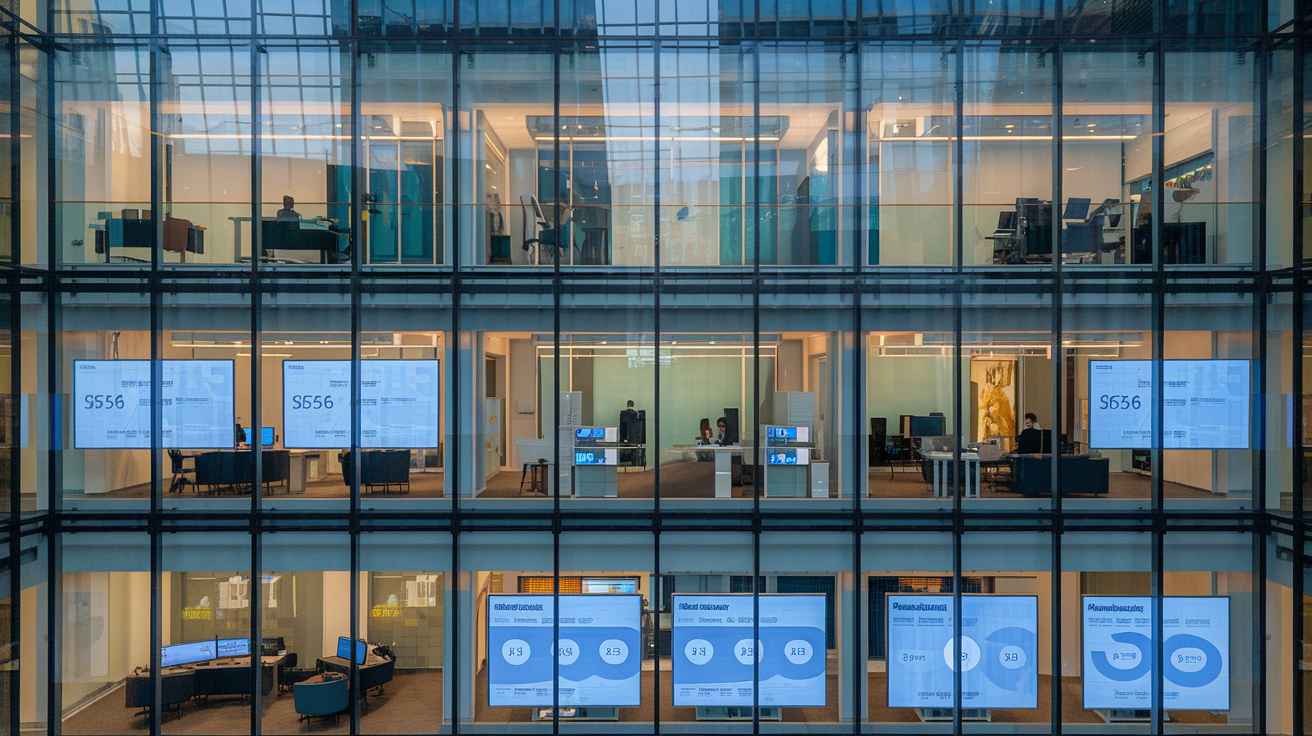Create a realistic image of a transparent glass building housing a modern bank with visible office spaces showing diverse banking professionals reviewing documents, digital screens displaying fee structures and revenue models, and infographics explaining banking services costs clearly visible to customers in the lobby, conveying a sense of openness and financial transparency in soft natural lighting.