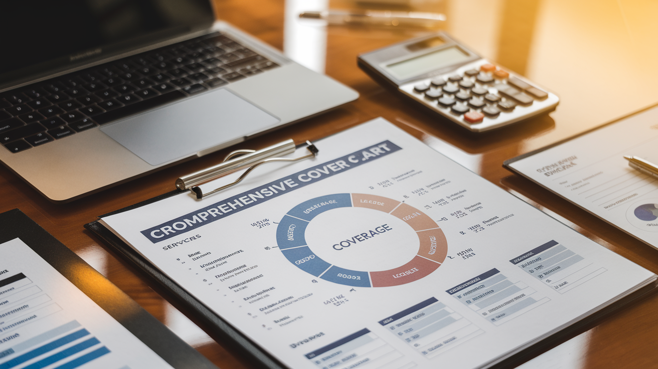 Create a realistic image of a professional financial document with a comprehensive coverage chart showing various banking services including loans, investments, insurance, and digital banking, displayed on a polished wooden desk with a sleek laptop, calculator, and a pen beside it, with warm office lighting highlighting the detailed content of the document.