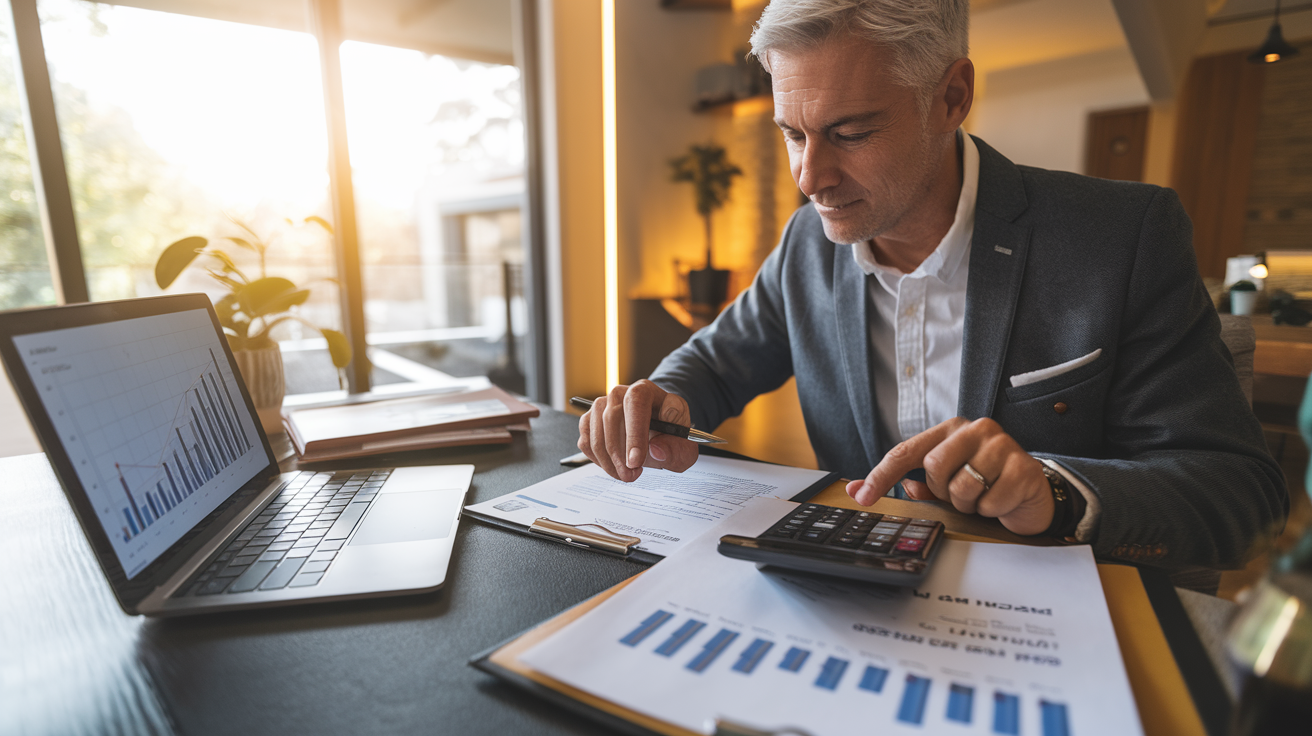 Create a realistic image of a middle-aged white male entrepreneur sitting at a modern home office desk, reviewing retirement plan documents and using a calculator, with a laptop showing graphs of retirement growth, a small "Self-Employed Retirement Planning" text visible on a document, warm natural lighting creating a focused yet optimistic atmosphere.