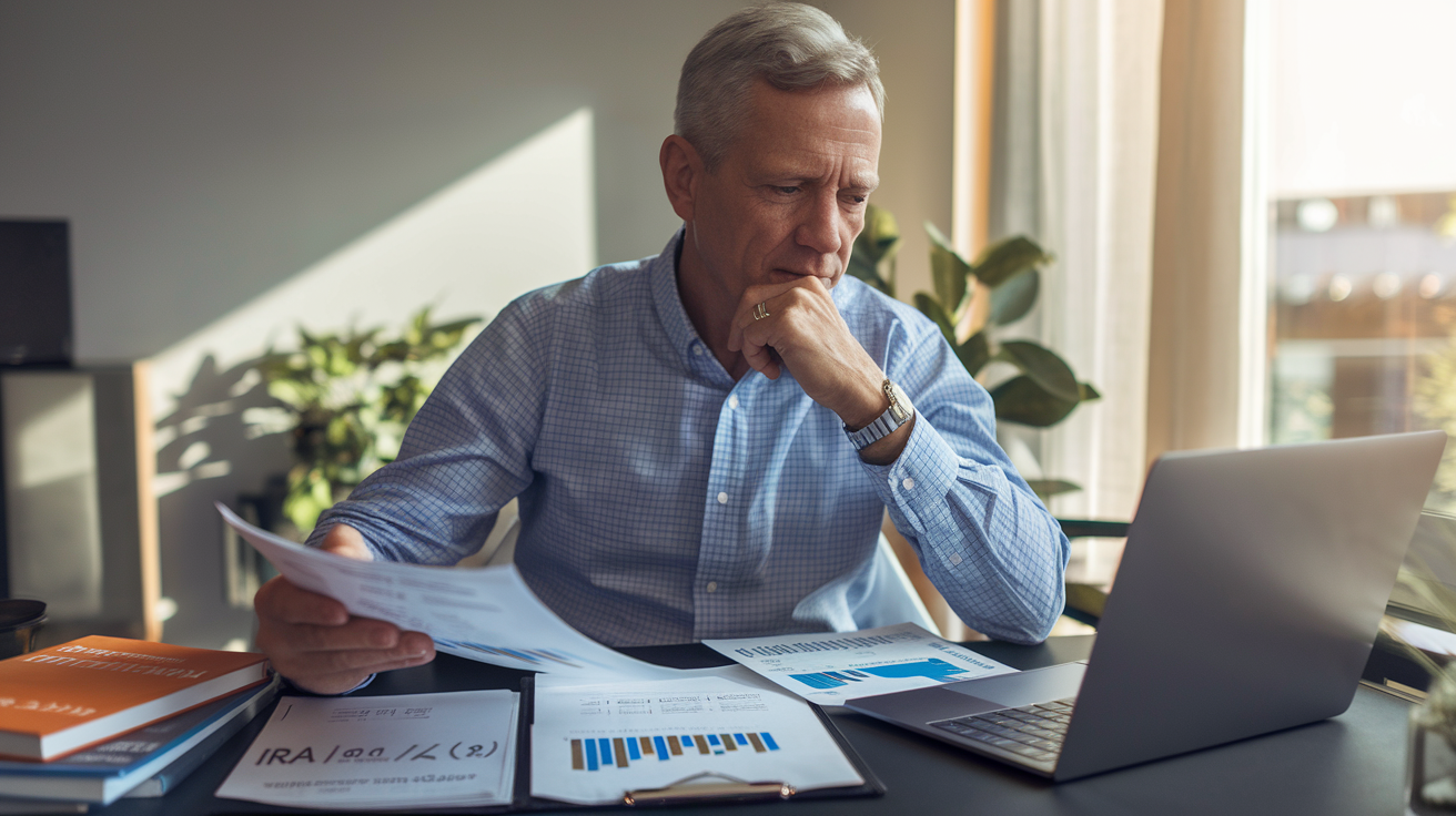 Create a realistic image of a middle-aged white male entrepreneur sitting at a desk with retirement planning documents, a laptop showing investment graphs, and IRA/401(k) brochures spread out before him, with a thoughtful expression as he reviews self-employment retirement options, soft natural lighting from a nearby window, modern home office setting with financial planning books visible on a shelf.