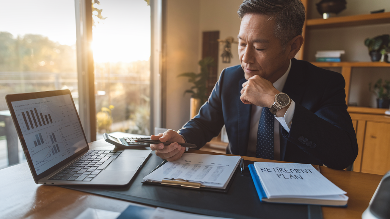 Create a realistic image of a middle-aged Asian male entrepreneur sitting at a home office desk, thoughtfully reviewing retirement planning documents, with a laptop showing financial charts, a calculator, and a notebook with "Retirement Plan" written on it nearby, in warm natural lighting that creates a focused yet hopeful atmosphere.