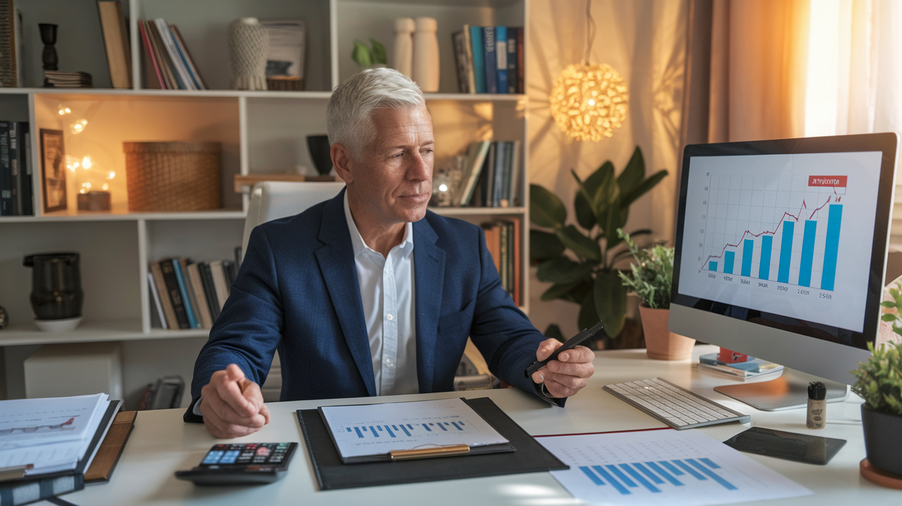 Create a realistic image of a mature white male professional in his 50s sitting at a desk with retirement planning documents, financial charts, and a calculator, looking thoughtfully at a computer screen displaying a retirement savings growth chart, with a calendar marked with future dates visible nearby, in a well-lit home office with warm lighting creating a contemplative atmosphere.