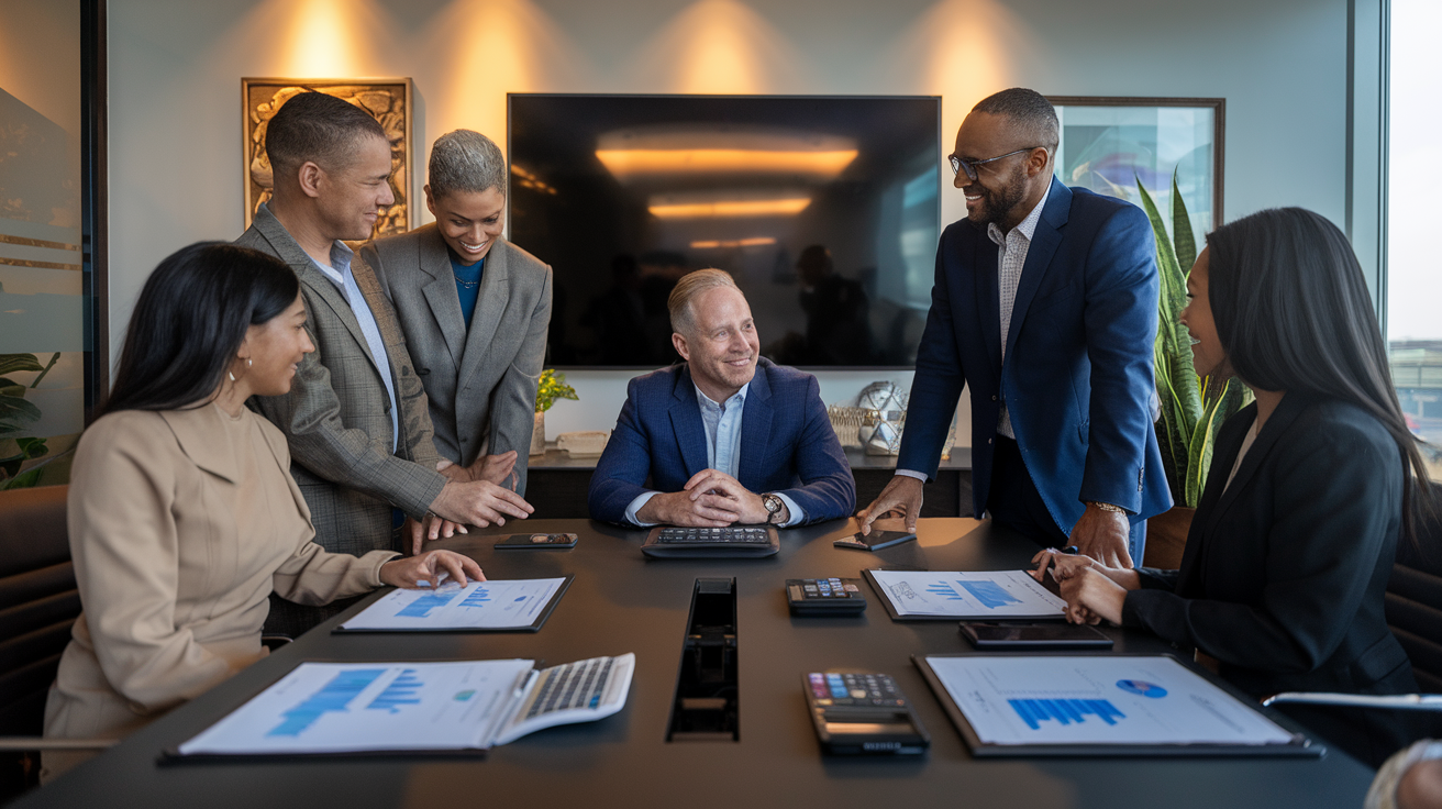Create a realistic image of a professional meeting between a middle-aged white male client and a diverse financial advisory team (Black female and Asian male advisors) in a modern office setting, reviewing retirement planning documents with charts and graphs visible, calculators and retirement planning software on a sleek conference table, warm lighting creating a trustworthy atmosphere that conveys professional guidance for self-employment retirement options.