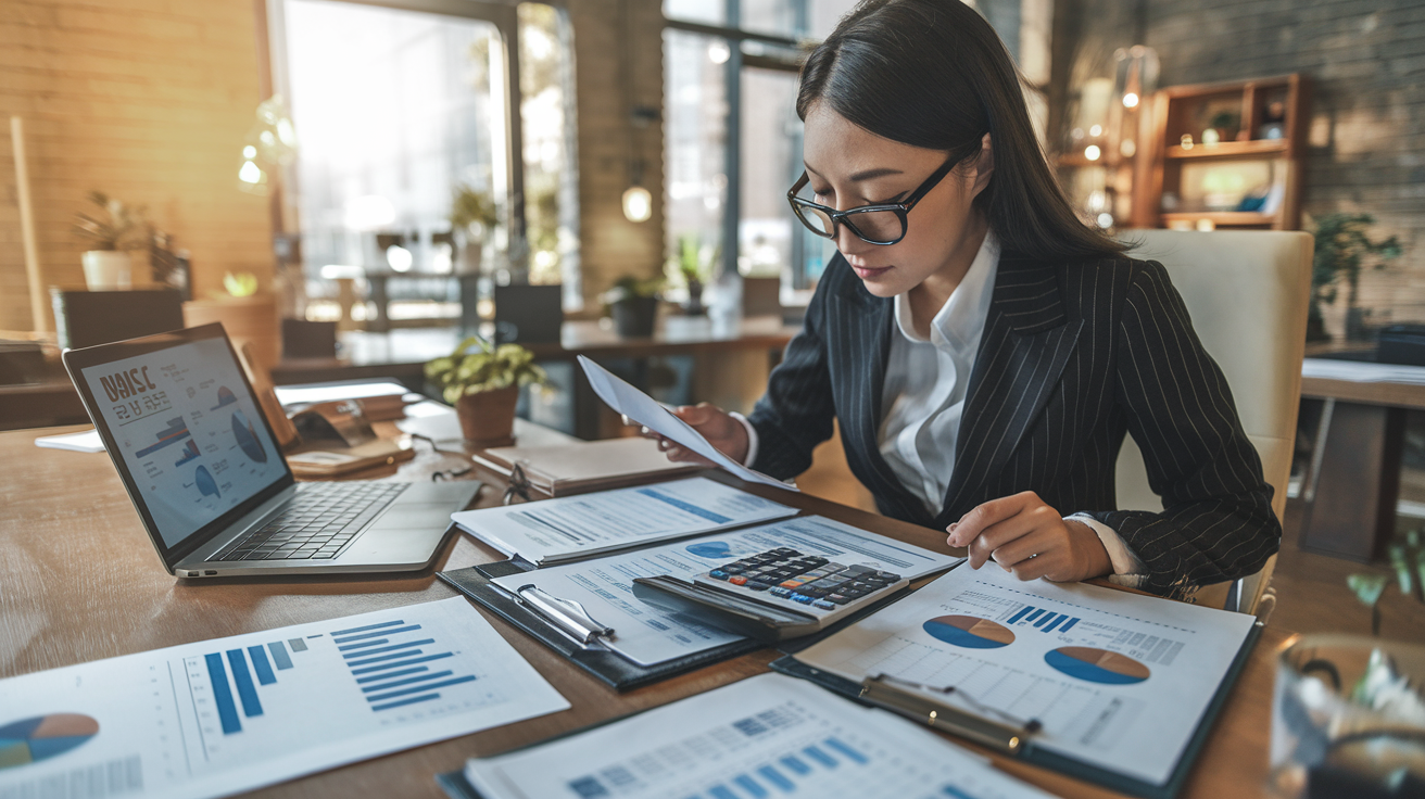 Create a realistic image of a focused Asian female entrepreneur in business attire reviewing financial documents at her desk, with spreadsheets, calculator, laptop showing graphs, and a business plan visible, in a modern office space with warm natural lighting, conveying thoughtful analysis and strategic financial planning for a new business.