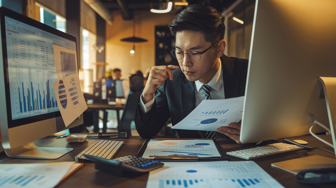 Create a realistic image of a focused Asian male professional in a modern office analyzing financial documents and spreadsheets on a computer, with business plans and charts visible nearby, warm office lighting highlighting strategic planning materials, calculator and notepad on desk, creating an atmosphere of thorough research and methodical business financial planning.