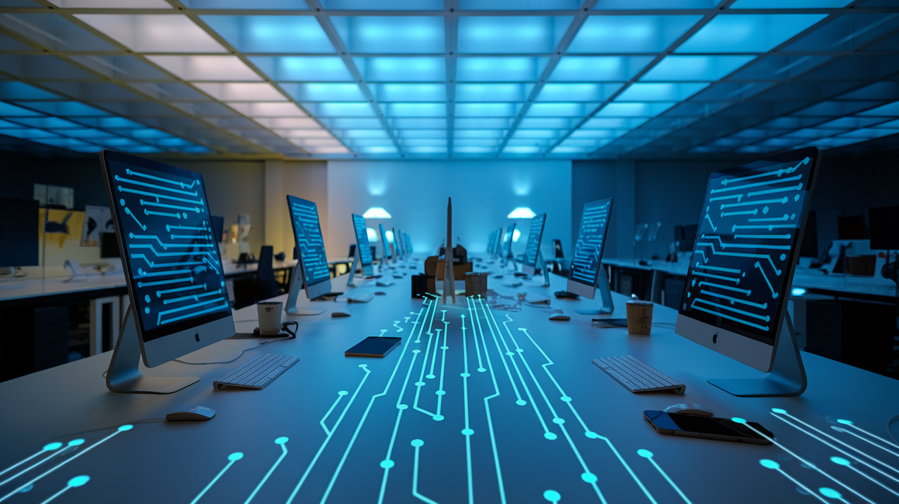 Create a realistic image of an abstract digital interface with glowing blue circuit patterns overlaying everyday objects like smartphones, computers, and tools, symbolizing the intersection of innovation and utility, with soft blue lighting creating a modern, contemplative atmosphere suitable for defining the concept of technology.