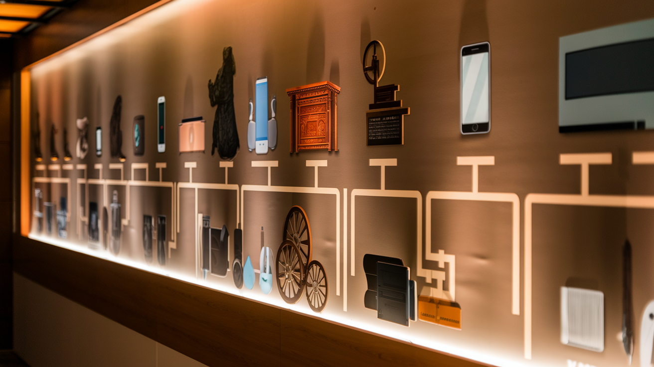 Create a realistic image of a timeline displaying the evolution of technology throughout human history, showing ancient tools like stone axes transitioning to modern devices like smartphones and AI, with historical artifacts like the printing press, steam engine, telegraph, and early computers arranged chronologically against a warm, educational backdrop with subtle lighting highlighting key technological breakthroughs.