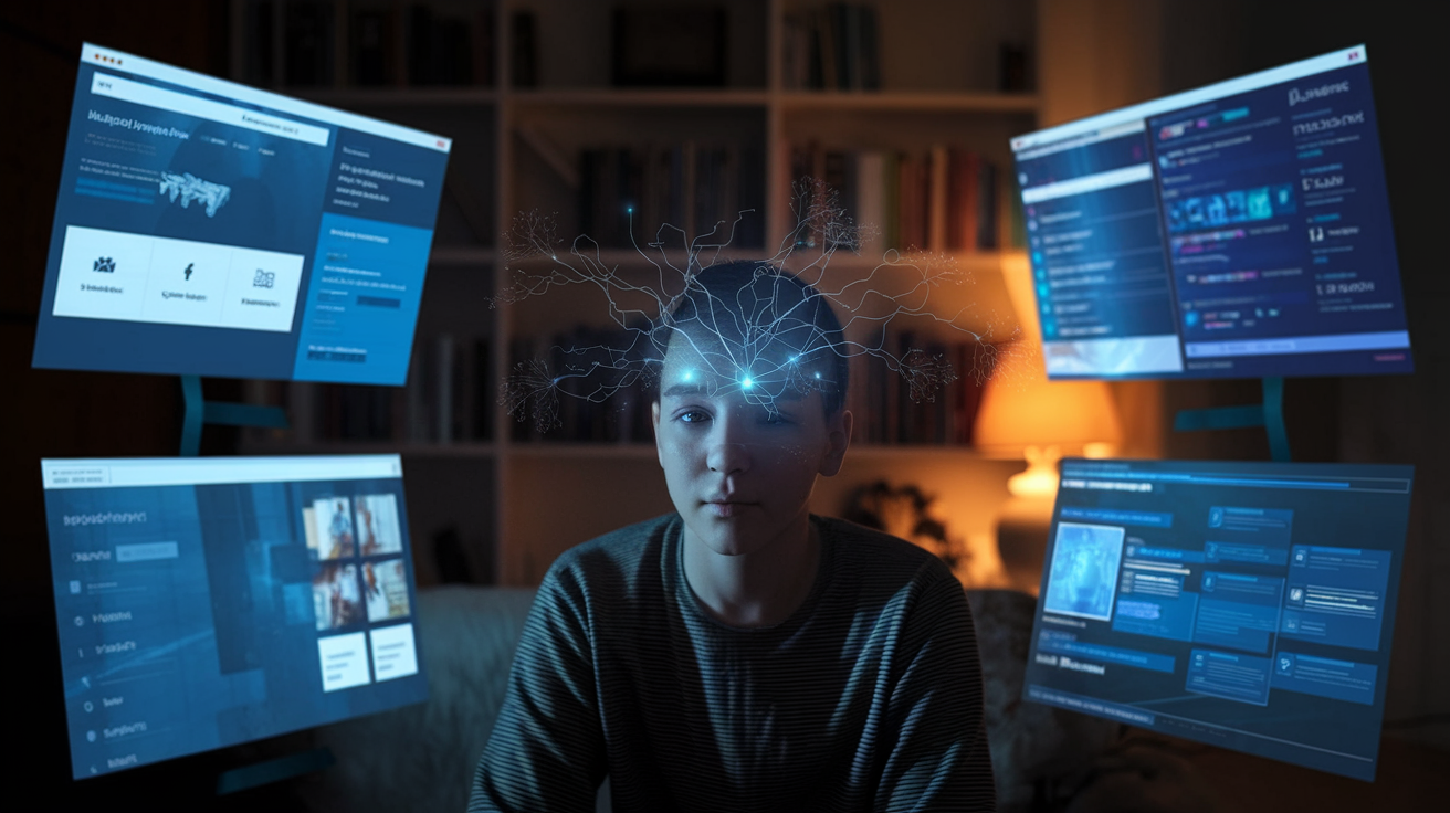 Create a realistic image of a thoughtful young person in a dimly lit room, their face illuminated by the blue glow of multiple digital screens displaying various websites, social media platforms, and information sources, with neural network-like connections overlaid on their forehead, symbolizing how internet technology is reshaping cognitive processes and information processing.