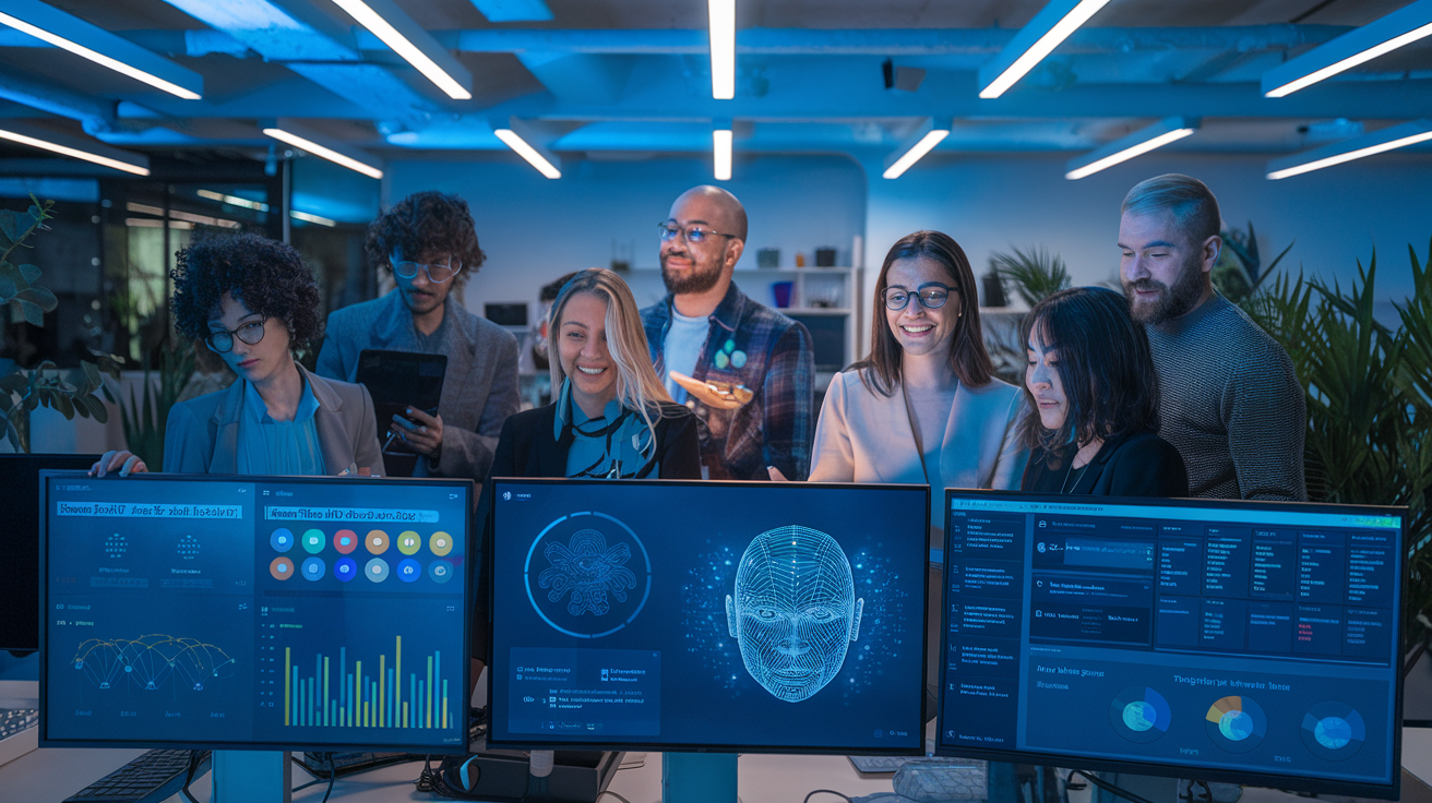 Create a realistic image of a diverse group of people interacting with AI technology, showing screens displaying machine learning algorithms, facial recognition software, and data analytics in a modern office space with blue-tinted lighting, illustrating how artificial intelligence is integrated into contemporary society and workplaces.