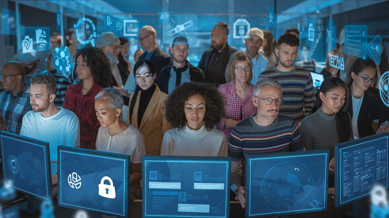 Create a realistic image of a diverse group of people of different ages, races (Black, White, Asian), and genders looking at digital screens showing data visualizations, surrounded by icons representing social media, privacy concerns, sustainability, and digital divide, with some individuals appearing connected while others seem excluded, set in a modern urban environment with a slightly blue-tinted lighting suggesting technological advancement and societal impact.