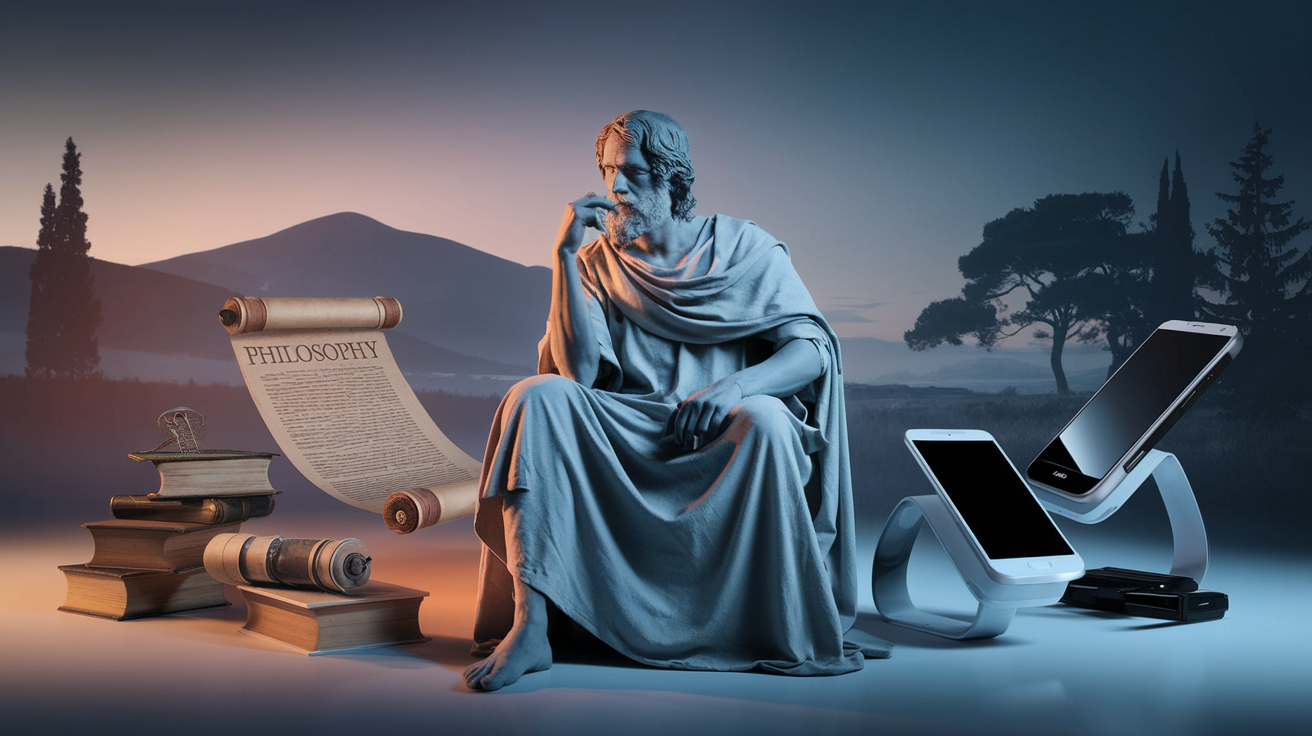 Create a realistic image of an ancient Greek philosopher sitting in contemplation beside modern technological devices, with books and scrolls about philosophy on one side and sleek gadgets on the other, a soft gradient lighting creating contrast between old wisdom and new innovation, symbolizing the philosophical examination of technology's role in human existence.