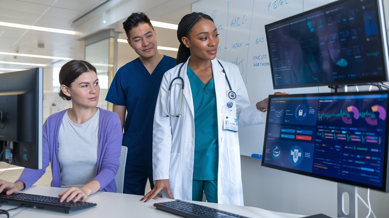 Create a realistic image of a diverse healthcare team (including a Black female doctor, an Asian male nurse, and a White female IT specialist) collaborating in a modern hospital setting around digital health records displayed on multiple computer screens, with medical charts and data visualizations visible, highlighting the intersection of healthcare and technology in a bright, professional environment.