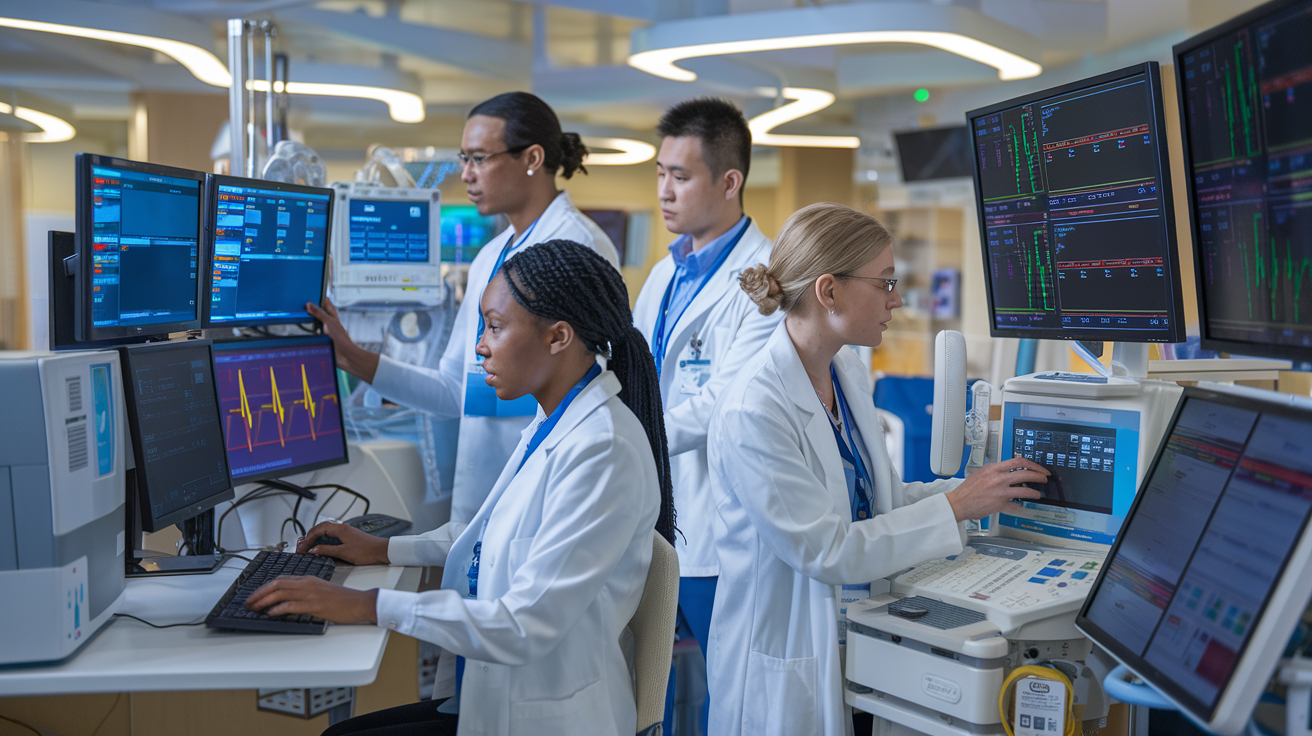 Create a realistic image of a diverse healthcare IT team working together in a modern hospital setting, featuring a Black female IT specialist analyzing electronic health records on multiple screens, an Asian male technician configuring medical equipment, and a White female health information manager reviewing data security protocols, all surrounded by advanced health information technology systems with glowing monitors displaying medical data visualizations in a well-lit, professional environment.