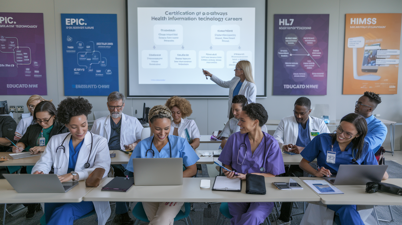 Create a realistic image of a diverse group of healthcare professionals attending a Health IT certification class, with a white female instructor pointing to a projected slide showing certification pathways for health information technology careers, while students of various races take notes on laptops in a modern classroom with educational posters about EPIC, HL7, and HIMSS certifications on the walls.