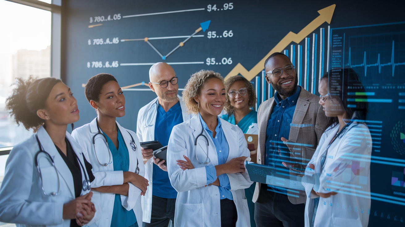 Create a realistic image of a professional chart or graph showing salary ranges for health IT positions with an upward arrow indicating career growth, alongside a diverse group of healthcare IT professionals (black female, Asian male, white female) in business attire looking at a digital dashboard with healthcare analytics, in a modern office setting with soft natural lighting highlighting their engaged expressions.