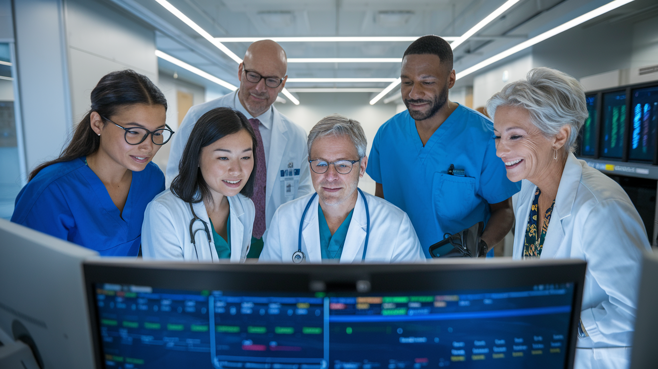 Create a realistic image of a diverse group of healthcare professionals (Asian female, Black male, White female) gathered around a computer displaying electronic health records, in a modern hospital setting with bright, professional lighting, symbolizing entry-level positions in health information technology, with subtle technology elements like tablets and servers visible in the background.