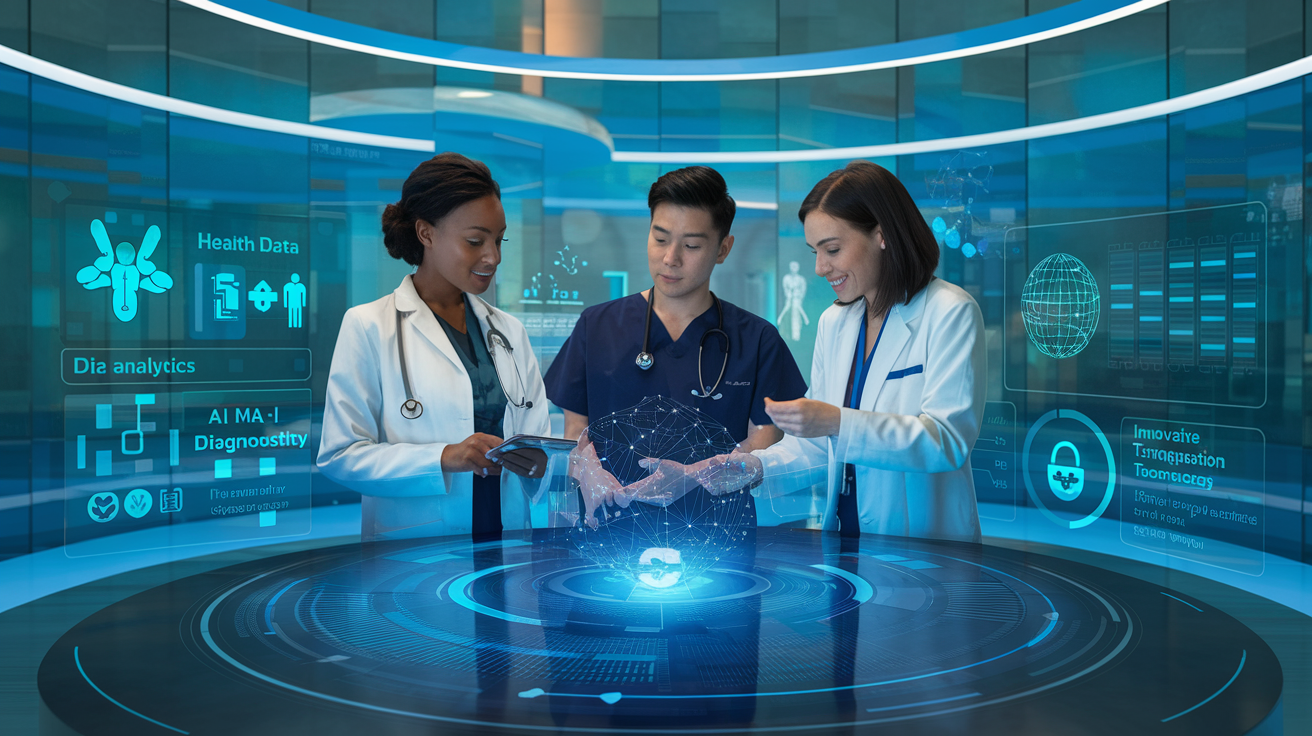 Create a realistic image of a diverse medical team (a Black female doctor, an Asian male nurse, and a White female IT specialist) collaborating around a futuristic transparent digital display showing health data analytics, wearable technology icons, AI diagnostic tools, and cybersecurity features in a modern hospital tech hub with soft blue lighting highlighting innovative health information technology trends.