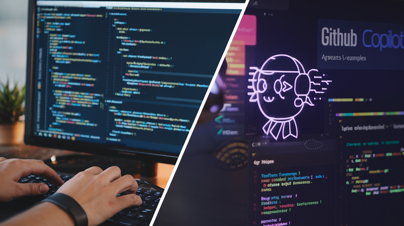 Create a realistic image of a split-screen workspace showing two AI coding assistants side by side - ChatGPT interface on the left and GitHub Copilot on the right, with code suggestions appearing on each screen, a diverse set of application examples visible as tabs (web development, data analysis, mobile apps), and a person's hands typing on a keyboard in the foreground.