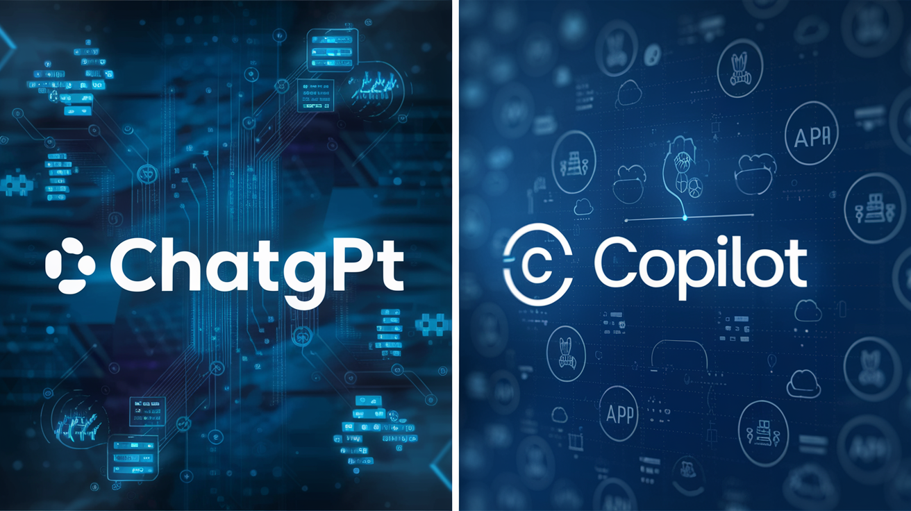 Create a realistic image of a split screen showing two AI platforms (ChatGPT and Copilot) connecting to different data sources, with various database icons, cloud storage symbols, and API connection visuals flowing into each platform, highlighting their different data access capabilities against a backdrop of blue-toned digital networks.