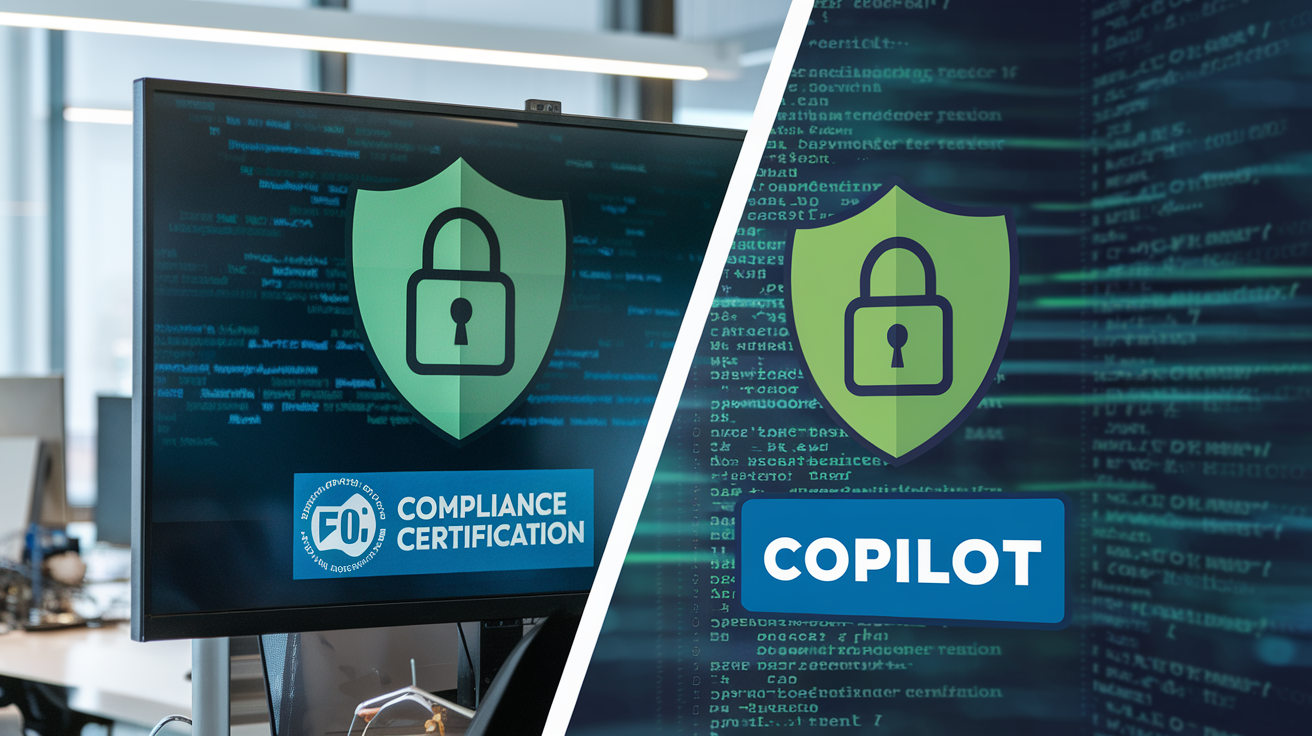 Create a realistic image of a split-screen display showing cybersecurity elements with ChatGPT and Copilot logos on opposite sides, security shields, padlocks, and compliance certification badges, with digital code in the background and a professional office setting, using cool blue and green tones to convey trust and security.