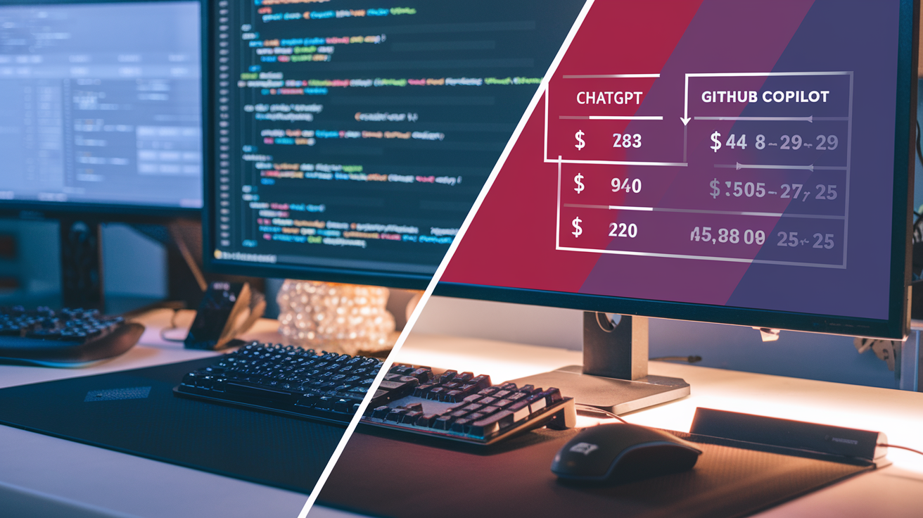 Create a realistic image of a split-screen display showing price comparison charts for ChatGPT and GitHub Copilot subscription plans, with dollar signs and pricing tiers clearly visible, featuring a professional-looking desk setup with a modern keyboard and mouse, soft office lighting highlighting the screen, and a subtle background of code snippets.