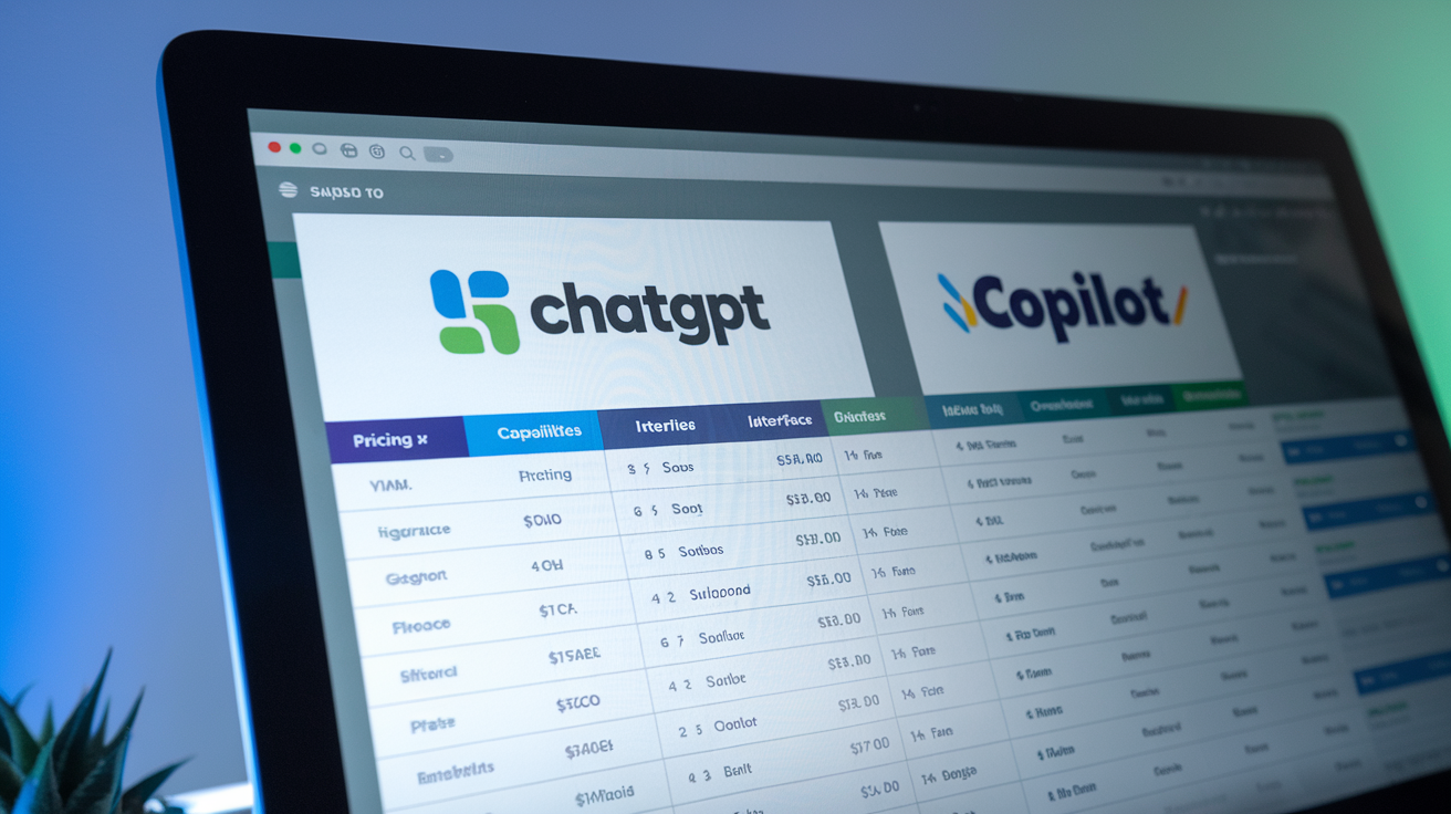 Create a realistic image of a side-by-side comparison table showing ChatGPT and Copilot logos at the top of each column, with rows comparing features like pricing, capabilities, interface, and integration options, displayed on a modern computer screen with a clean, professional background, subtle blue and green lighting highlighting each product's brand colors.