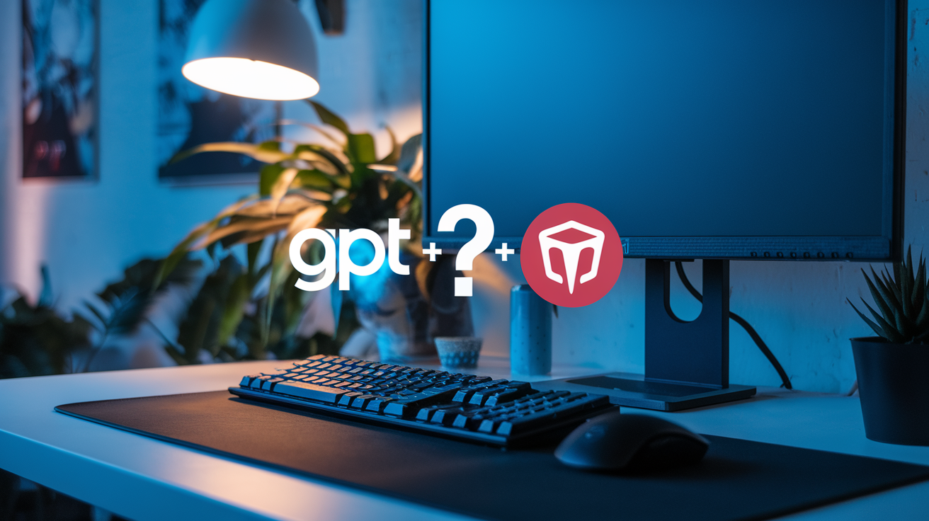 Create a realistic image of ChatGPT and GitHub Copilot logos side by side on a digital comparison screen, with a question mark between them, displayed on a modern computer workspace with subtle tech elements, soft blue lighting, and a thoughtful, analytical mood to represent a comparison between these two AI tools.