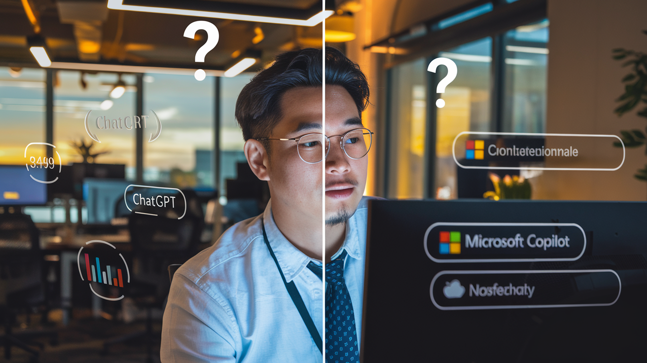 Create a realistic image of a split-screen comparison showing ChatGPT and Microsoft Copilot interfaces side by side, with evaluation metrics floating between them, a thoughtful Asian male professional looking contemplatively at both screens, warm office lighting highlighting key features, and subtle question mark symbols hovering above to represent the comparison question.